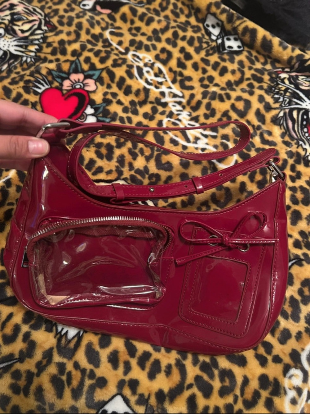 Patent Leather Red Shoulder Bag with Clear Front Pocket